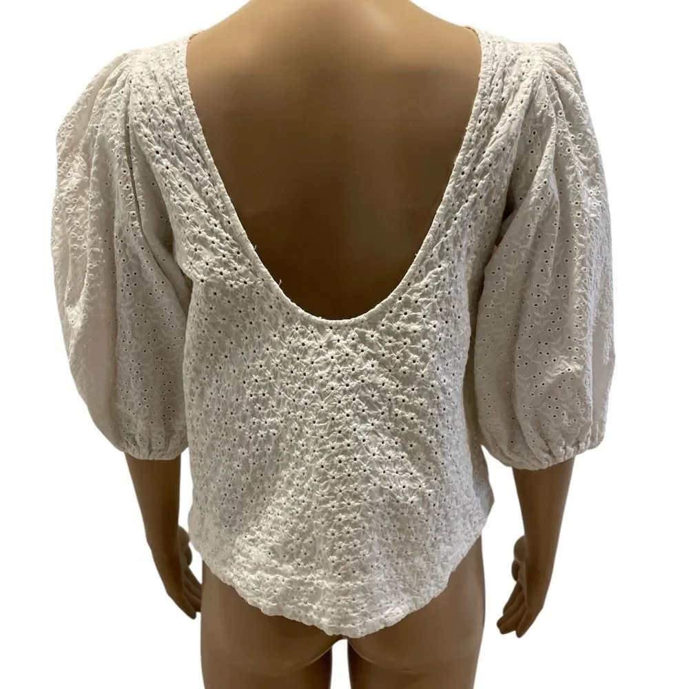 Zara Elegant White Eyelet Puff Sleeve Top Size XS